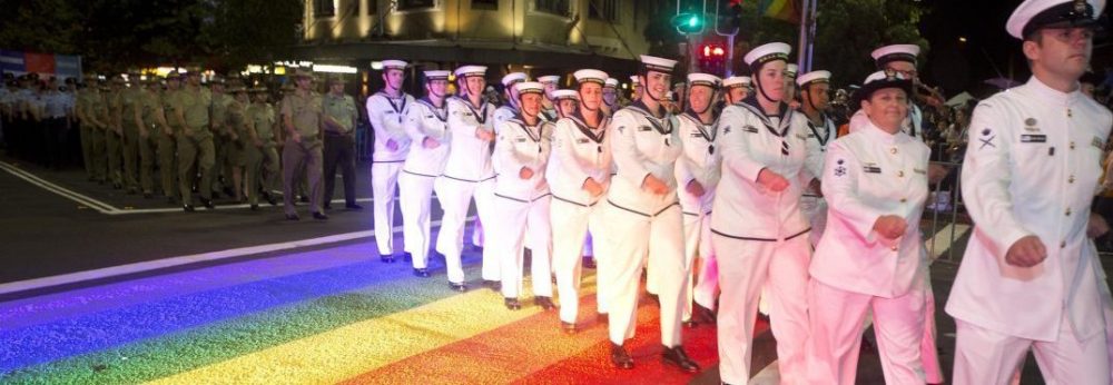 The Australian Defence Force, the Navy, marching at Sydney Gay and Lesbian Mardi Gras The Australian Defence Force, the Navy, marching at Sydney Gay and Lesbian Mardi Gras