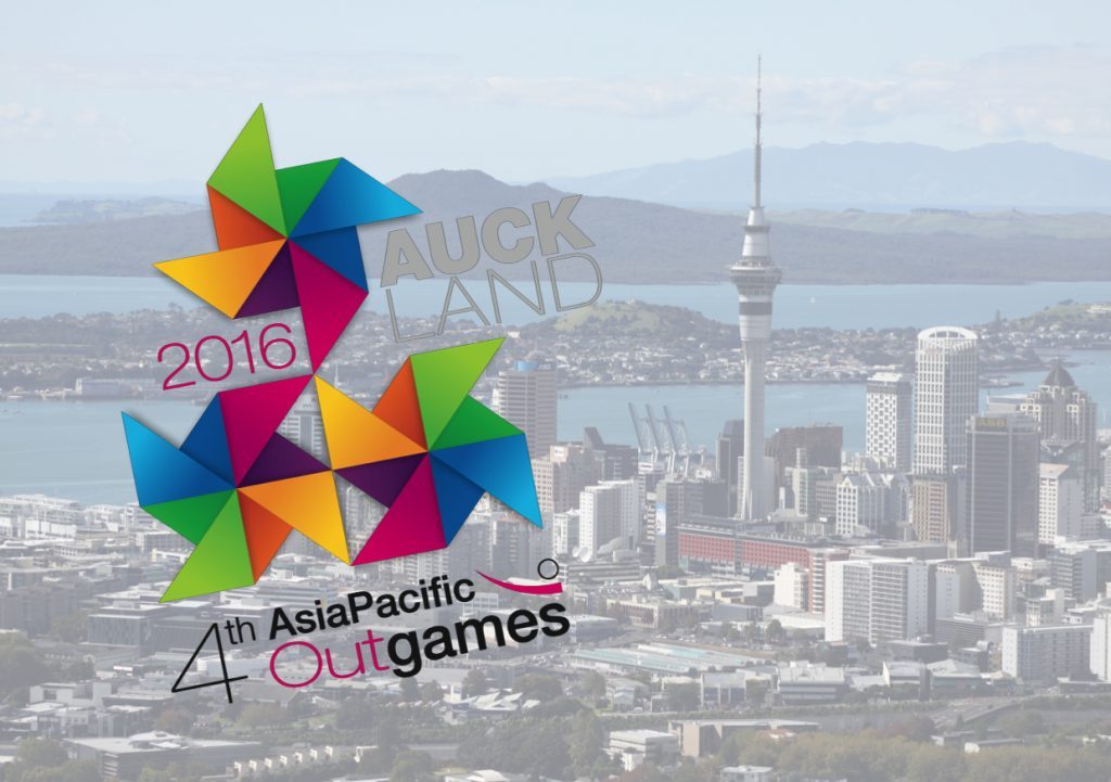 Auckland with logo of Asia Pacific Outgames 2016 Auckland with logo of Asia Pacific Outgames 2016