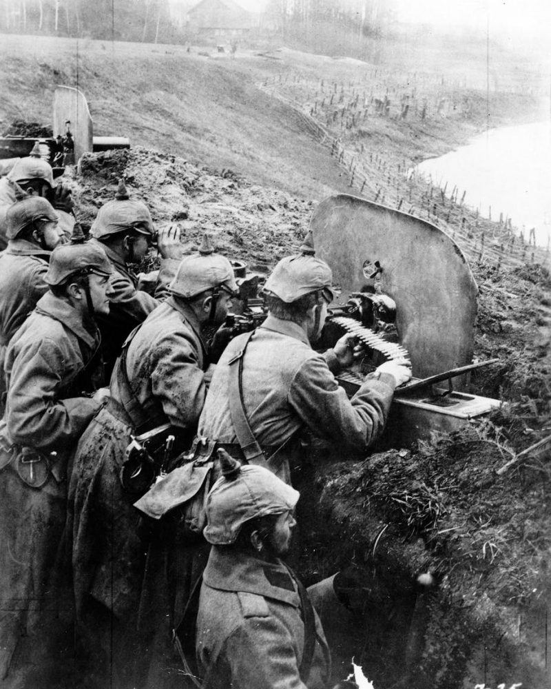 German infantrymen aim machine guns from a trench near the Vistula River in 1916 AP-PHOTO German infantrymen aim machine guns from a trench near the Vistula River in 1916